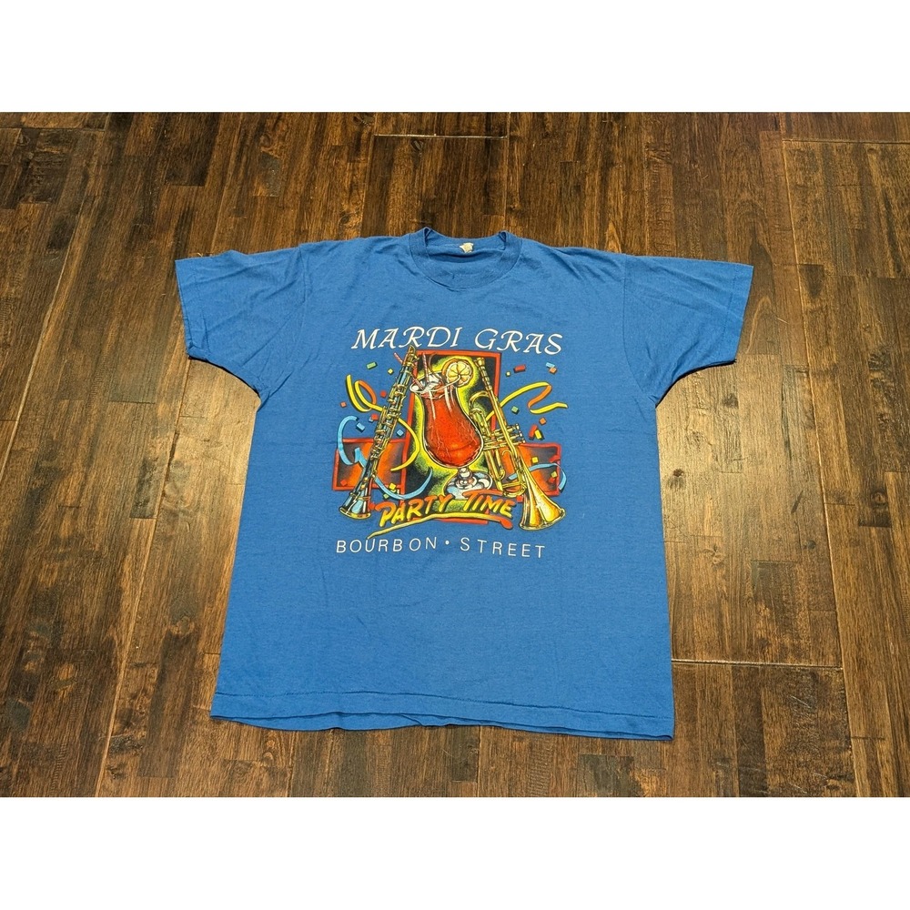 Vintage Mardi Gras Shirt Mens XL Blue Bourbon Street Graphic 50/50 Made USA 90s